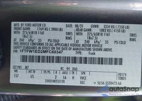 2021 Ford F-150 Xlt z USA, uszkodzony, nr VIN 1FTFW1ED2MFC60347